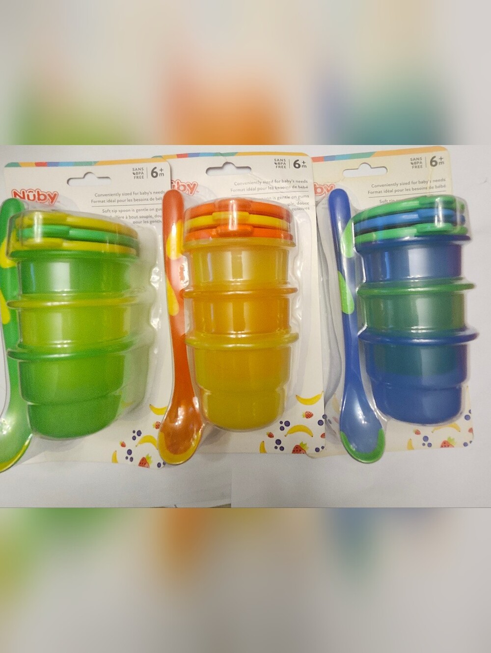 Nüby Stackable Baby Food Storage Cups with Spoon Set Of 3 New